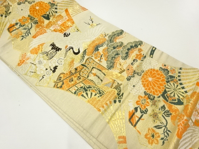 アンティーク　御所車に鶴模様織出し丸帯（着用可）